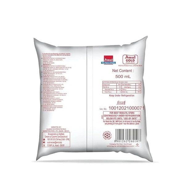 Amul Full Fat Milk-Gold, 500ml Pack