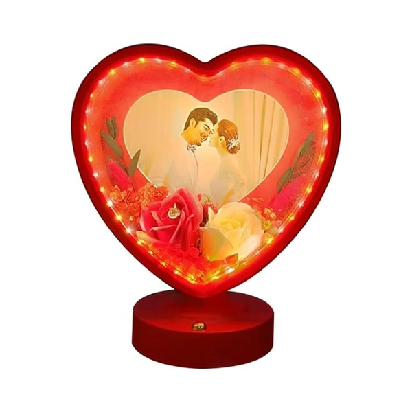 Heart Shaped Photo Frame with Elegant Lights and Roses | Heart Shape | Couple Design | Dashboard Frame | Gift Personalized | Tabletop | Multipurpose | Wedding Gift (White) - RED