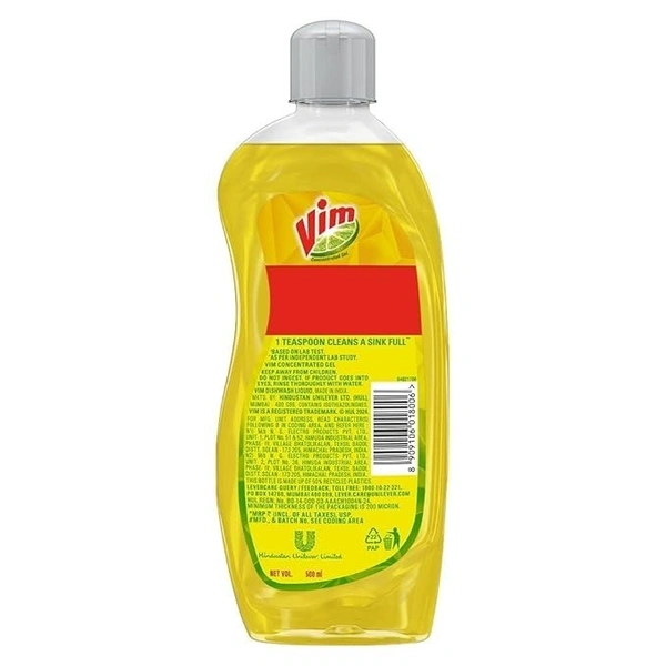 Vim Dishwash Liquid Gel Lemon, With Lemon Fragrance, Leaves No Residue, Grease Cleaner For All Utensils, 500 ml Bottle - 500ml