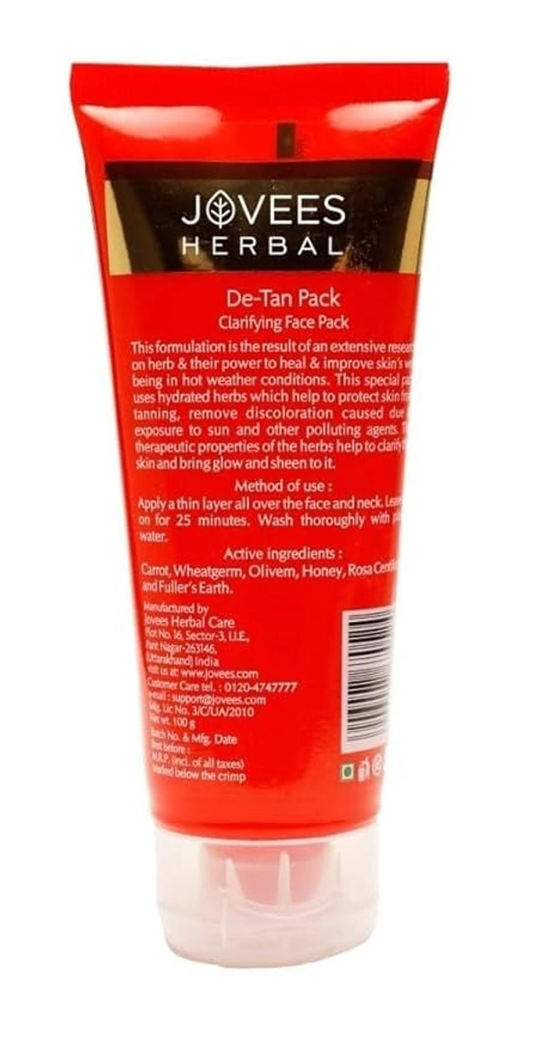 Jovees Herbal De-Tan Face Pack | Contains Wheat Germ and Carrot | For Tan Removal and Skin Revitalization | Bright and Glowing Skin | 100% Herbal | Paraben And Alcohol Free | 100gm