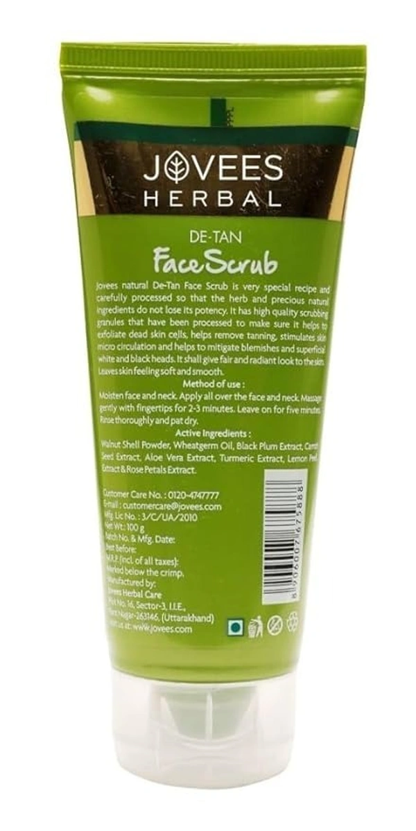 Jovees Herbal De-Tan Scrub With SPF For Brightening & Revitalizing Face Scrub | Remove Dead Skin | Gentle Exfoliation, Smooth and Clear Complexation With Turmeric & Aloe Vera | For All Skin Type- 100g