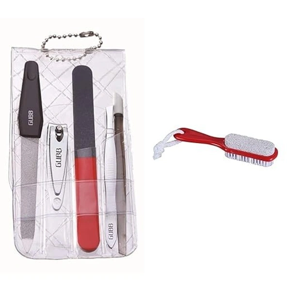 GUBB Manicure Kit - Nail Clipper, Nail Filer, Nail Buffer, Cuticle Remover & Flat Tweezer 2 in 1 Foot Brush with Pumice Stone For Foot Dead Skin Removal