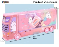 Sunny Rabbit Double Compartment Bus Pencil Box with Moving Tyres Button Enabled Storages and Sharpner for Kids - Pink - Pink