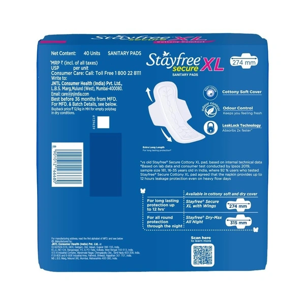 Stayfree Secure XL Sanitary Pads For Women, 18Pads, Cottony Soft Cover