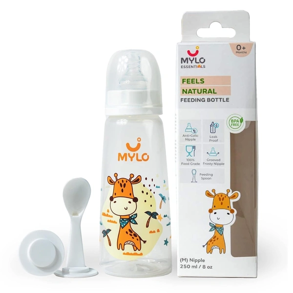 Mylo Baby 2 in 1 Feeding Bottle with Spoon (250 ml) for New Born Baby | Anti Colic & BPA Free Feeding Bottles | Feels Natural Baby Bottle | Easy Flow Neck Design- Orange Girrafe - 250 ML, Multi-color