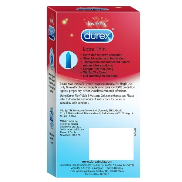 Durex Condoms, Extra Thin For Extra Sensation - Pack of 10N Condoms - 180mm