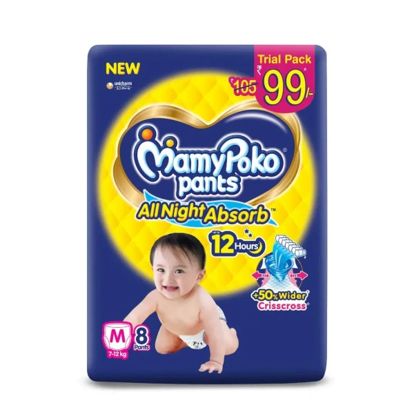 MamyPoko Pants All Night Absorb Baby Diapers, Medium (M), 8 Count 7-12 kg