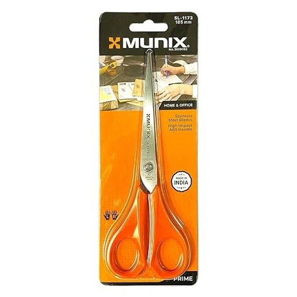 Munix SL-1173 185 mm /7.2" Stainless Steel Scissors | Pointed Tip with Shock Proof Body | Ergonomic & Soft Handles for Easy Handling | Orange, Pack of 1 - ‎185 ML, Multi-color