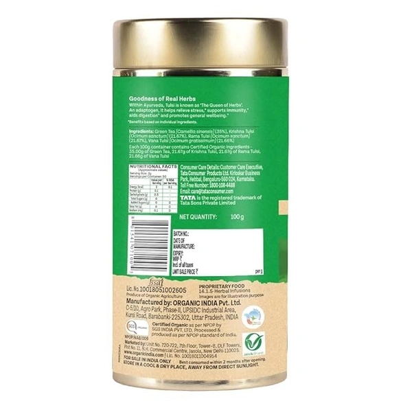 A TATA Product - Organic India Tulsi Green Tea Classic Loose Leaves - 100g, Stress Relieving, Uplifts Mood, Rich in Antioxidants, Blend of Rama, Krishna & Vana Tulsi, Certified Organic
