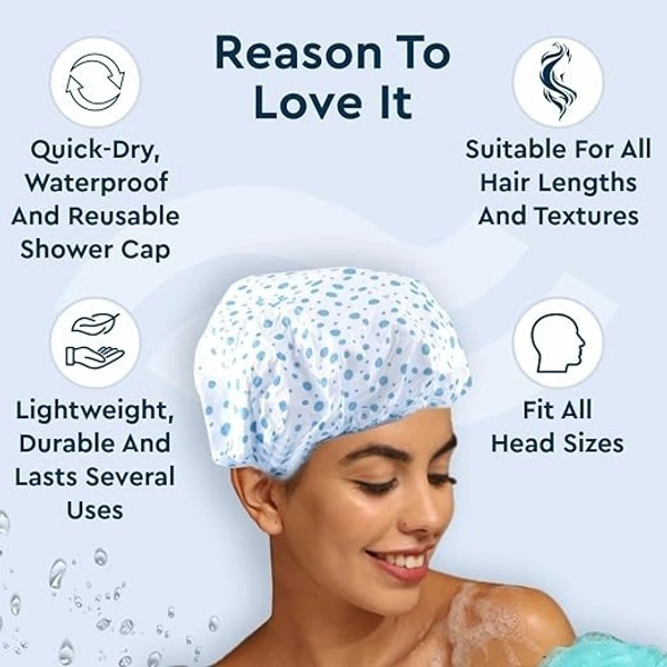 GUBB Dotted Printed Reusable Shower Cap for Men and Women (White) - Stylish and Waterproof Hair Protection with Elastic Band for a Luxurious and Hassle-Free Shower Experience - White