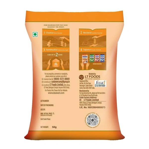 Daawat Pulav Basmati Rice 5Kg| Pearly slender Grains| Cooked Grain Upto 18mm*| Long & Fluffy Pulav Rice