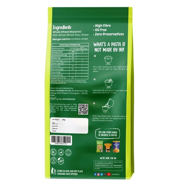 Yu Foodlabs 100% Whole Wheat Pasta - Macaroni - High Fibre - Zero Preservatives - No Maida & 100% Atta - Just Boil - 400 G - Yu