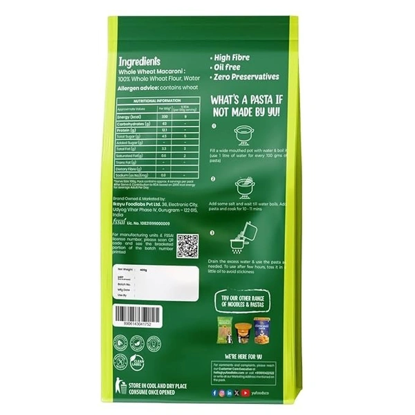 Yu Foodlabs 100% Whole Wheat Pasta - Macaroni - High Fibre - Zero Preservatives - No Maida & 100% Atta - Just Boil - 400 G - Yu