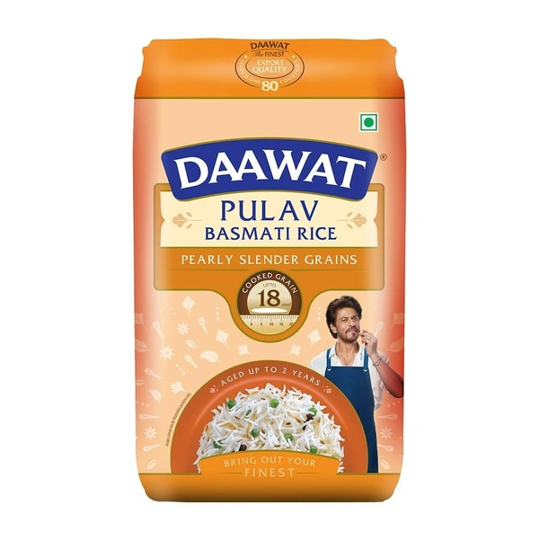 Daawat Pulav Basmati Rice 5Kg| Pearly slender Grains| Cooked Grain Upto 18mm*| Long & Fluffy Pulav Rice