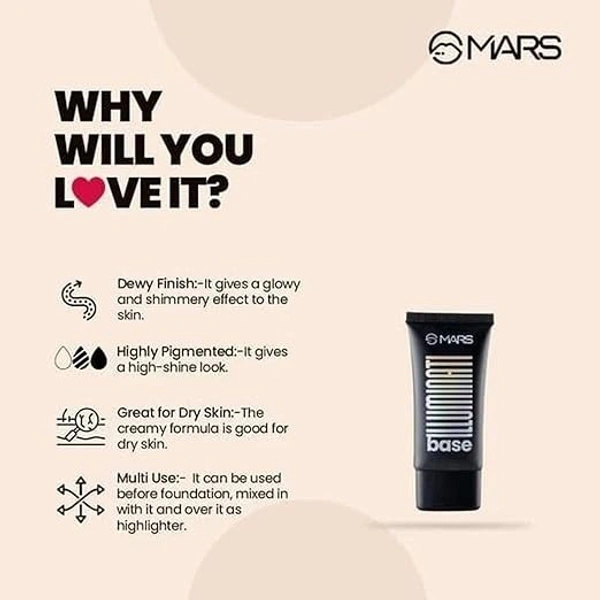 MARS Illuminati Base Dewy Primer with Highlighter | Glowy Dewy Primer for Face Makeup  - 45 ML, PInk Beam