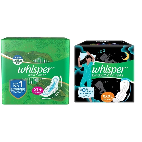 Whisper Ultra Clean Sanitary Pads For Women, Xl+ 50 Napkins And Whisper Night Xxxl 20 4987176237170