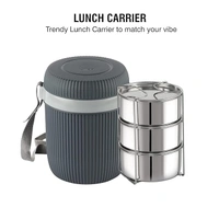CELLO Wow 3 Insulated Lunch Box | 3 Stainless Steel Containers, Grey | Outer Plastic Inner Steel Container | Leak Proof | Food Grade | Easy to Carry | Tiffin Box for Office, Picnic, Travelling - 970 ML, Grey