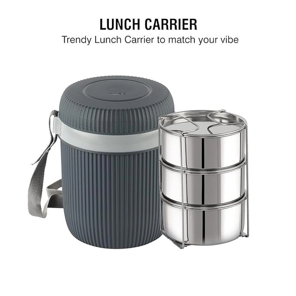 CELLO Wow 3 Insulated Lunch Box | 3 Stainless Steel Containers, Grey | Outer Plastic Inner Steel Container | Leak Proof | Food Grade | Easy to Carry | Tiffin Box for Office, Picnic, Travelling - 970 ML, Grey