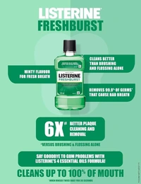 Listerine Fresh Burst Mouthwash Liquid, for fresh breath, Removes 99.9% Germs - 250 ML