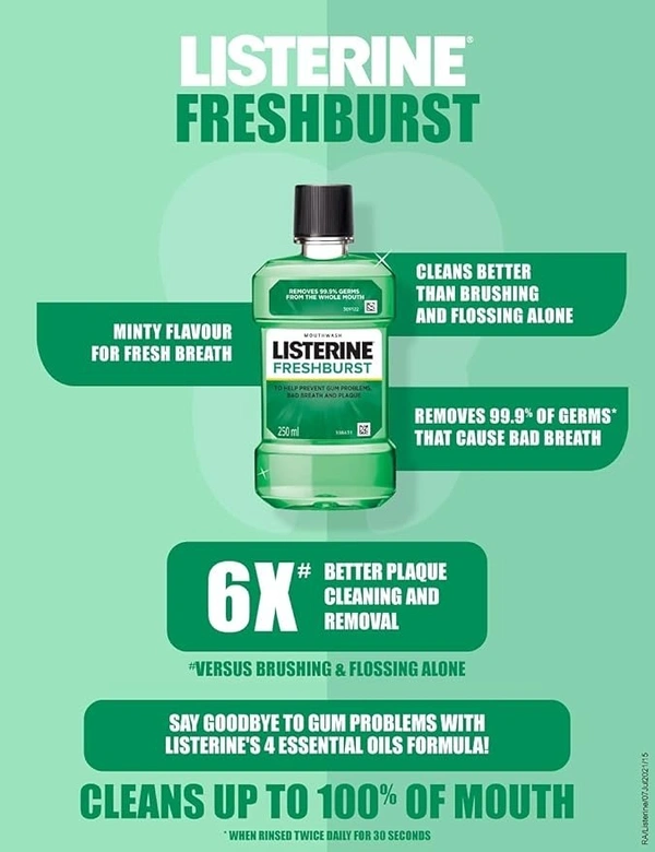 Listerine Fresh Burst Mouthwash Liquid, for fresh breath, Removes 99.9% Germs - 250 ML