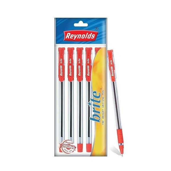 Reynolds BRITE Ball Pen SET - 5 Red PENS WITH COMFORTABLE GRIP |BALL PENS FOR WRITING | PEN FOR STUDENTS & OFFICE STATIONERY | 0.7 mm TIP SIZE - red