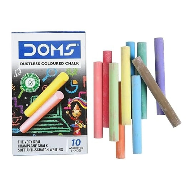 Doms Dustless Coloured Chalk Box Pack | Extra Bright, Smooth & Long Lasting | Soft & Anti-Scratch Writing | Non-Toxic & Safe To Use | Set of 10 Different Color Chalk | Pack of 1