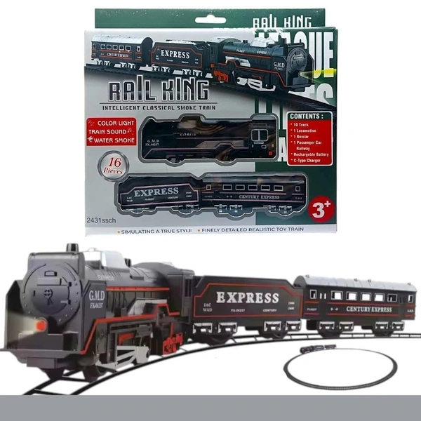 Rail King Intelligent Classical Smoke Train – Rechargeable 16–Piece Set with Tracks, Locomotive & Carriages, Featuring Light, Sound & Realistic Water Smoke for Kids  - 24 x 20 x 3.5 cm, Multi-color