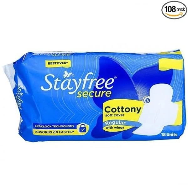 Stayfree Secure Cottony Soft Cover with Wings Sanitary Pads - Regular 18 Count  - 