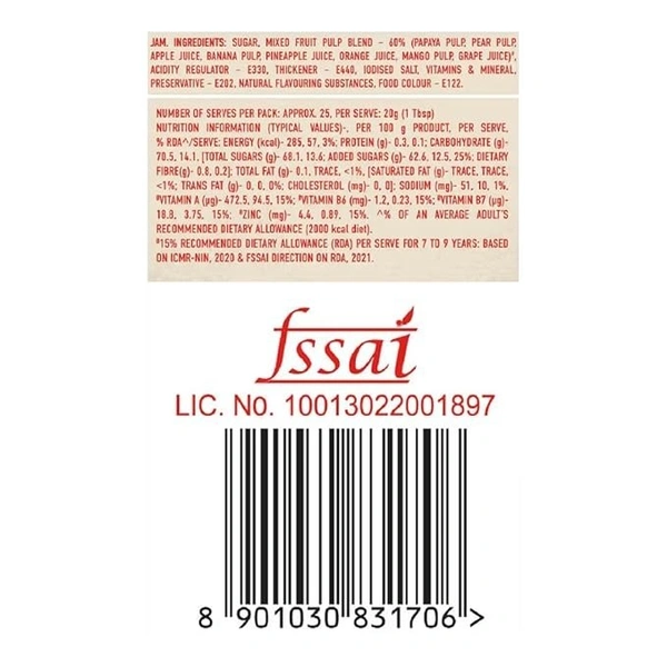 Kissan Mixed Fruit Jam, With Fruit Ingredients, 500 g