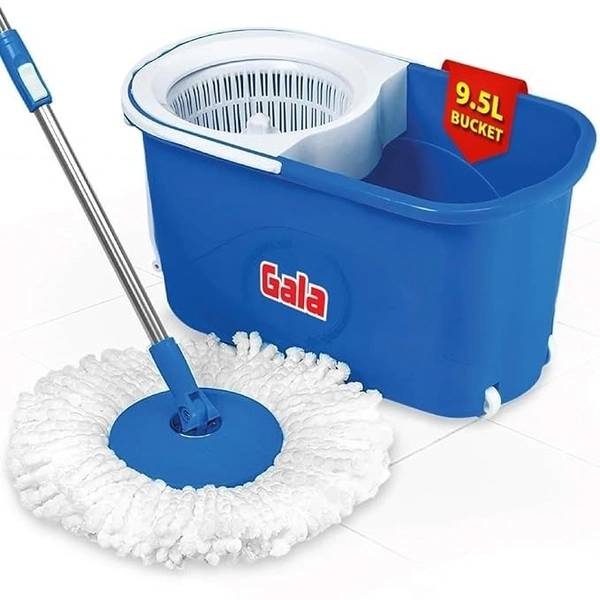 Gala Plastic Quick Spin Mop,Easy Wheels & Big Bucket With 2 Microfiber Refills, Floor Cleaning Mop With Bucket, Pocha For Floor Cleaning, Mopping Set(White And Blue)
