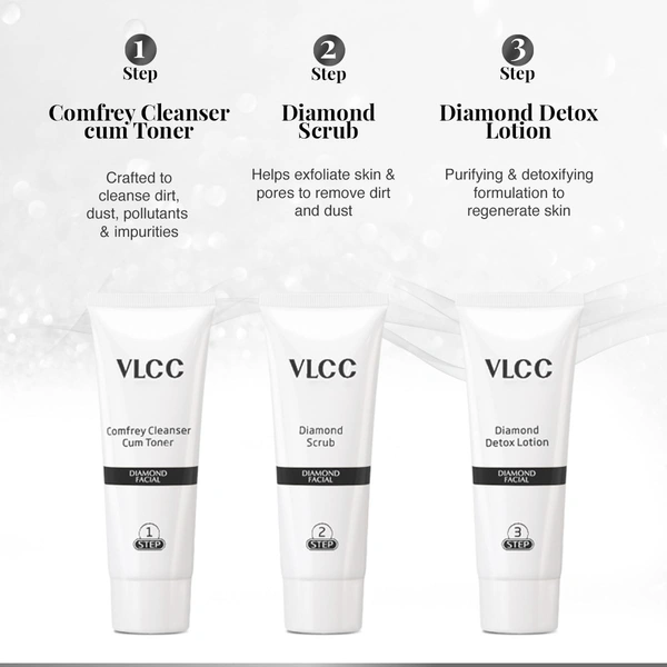 VLCC Diamond Facial Kit - 60g | Purifying with Parlour Glow | Improves Elasticity, Brightens and Helps Lighten Patchy, Damaged Skin | with Colloidal Diamond...