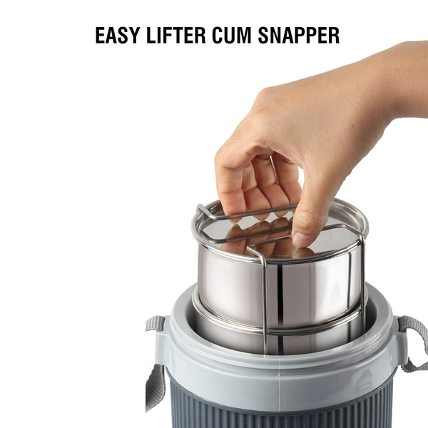 CELLO Wow 3 Insulated Lunch Box | 3 Stainless Steel Containers, Grey | Outer Plastic Inner Steel Container | Leak Proof | Food Grade | Easy to Carry | Tiffin Box for Office, Picnic, Travelling - 970 ML, Grey