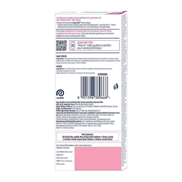 Veet Professional Waxing Strips Kit for Normal Skin, 20 Strips (Pack of 2) | Gel Wax Hair Removal for Women | Up to 28 Days of Smoothness | No Wax Heater or Wax Beans Required veetbwes91191116