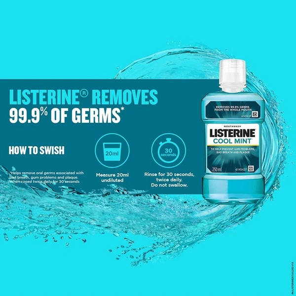 Listerine Cool Mint Mouthwash Liquid, Removes 99.9% Germs - 250ML