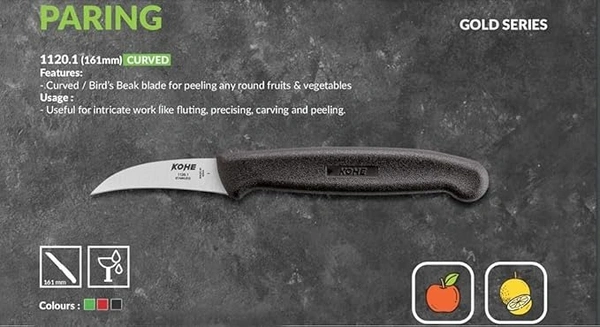 KOHE Curved Paring Knife, Stainless Steel Vegetable & Fruit Cutting Carving Blade Knife for Professional and House Use (1120.1 Black) - 161 mm, Black