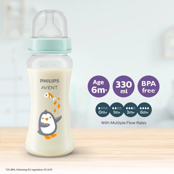 Philips Avent Grow Plastic Feeding Bottle | Anti-Colic | Easy Fill,Easy Clean|BPA Free | with 6M+ Flow Teat | 330 ML - 330 ML, Multi-color