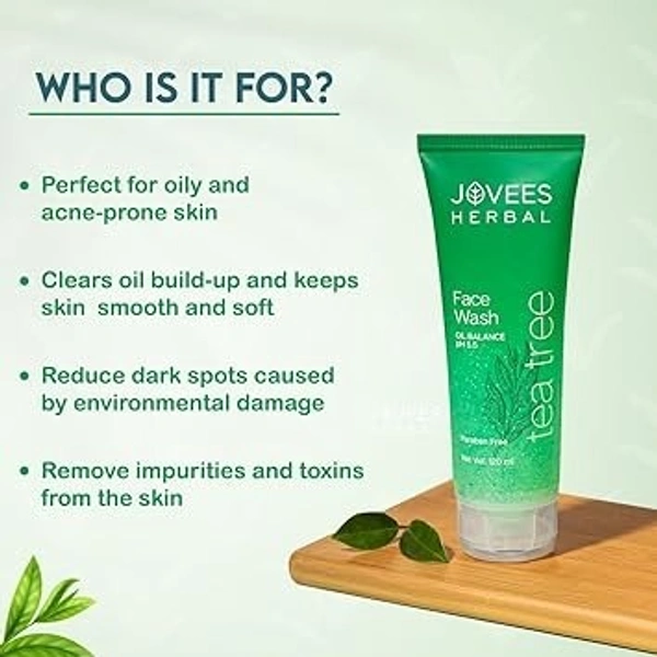 Jovees Herbal Tea Tree Oil Control Face Wash for Oily & Sensitive Skin | Paraben & Alcohol-Free, Controls Oil, Prevents Breakouts, Remove Dead Skin | Gentle Cleanser For All Skin Types - 120ml 8906007670159