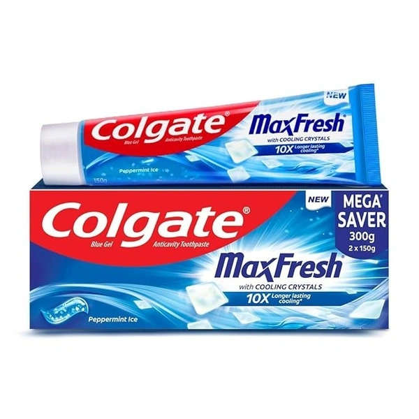 Colgate MaxFresh Breath Freshner Oral Care Toothpaste, 300g Saver Pack (150g x 2), Peppermint Ice, Blue Gel Paste with Menthol & Cooling crystals for bad breath control - 300g