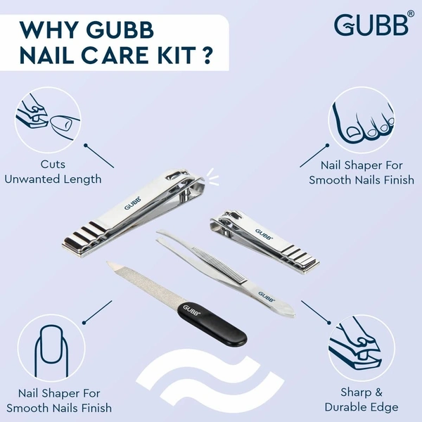 GUBB Nail Care Kit - Toe Nail Clipper, Finger Nail Cutter, Nail Filer & Flat Tweezer | Nail Clipper For Manicure, Nail Shaper for Smooth Nail Finish, Rust Resistant - Sharp & Durable Edge - SS