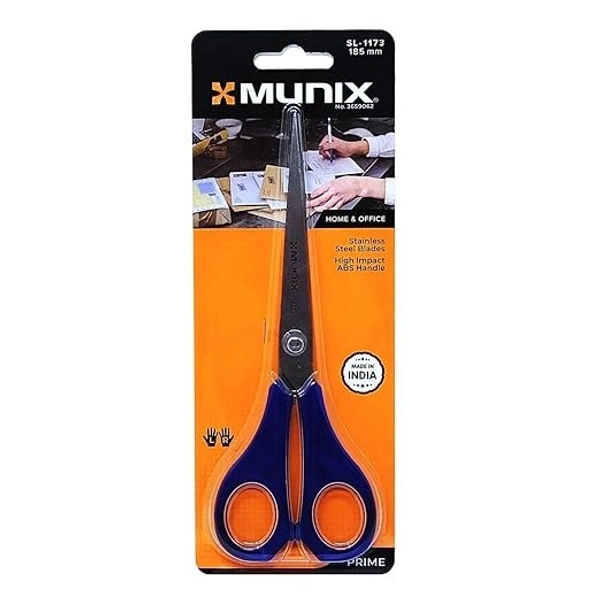 Munix SL-1173 185 mm /7.2" Stainless Steel Scissors | Pointed Tip with Shock Proof Body | Ergonomic & Soft Handles for Easy Handling | Blue, Pack of 1 - 185 ML, Multi-color