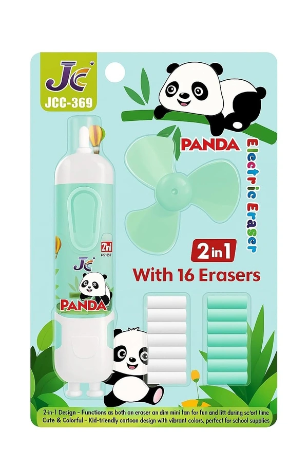 iSAA Store Cute Cartoon Print Electric Pencil Erasers with Fan and 12 Refills Set for Kids, Battery Operated Automatic Pencil Eraser (Panda)