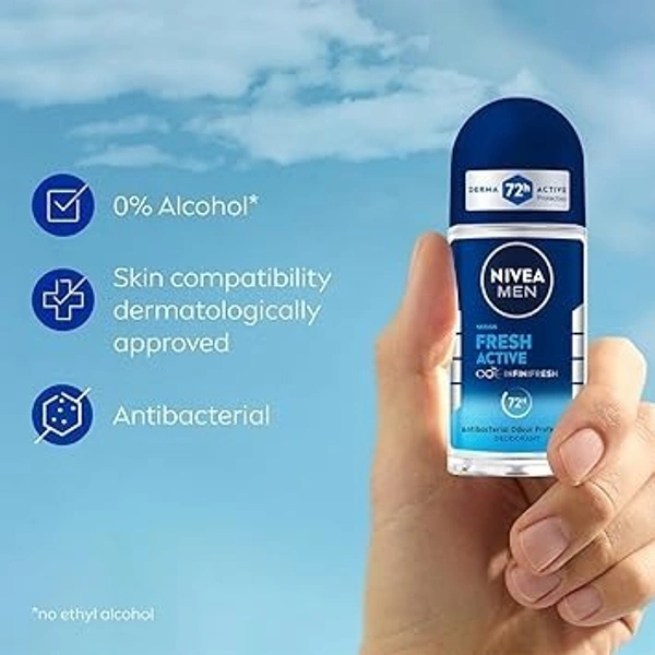 NIVEA MEN Fresh Active 50ml Deo Underarm Roll On | With Fresh Ocean Extracts Scent| 72 H Freshness| 0% Alcohol | Dermatologically Approved & Paraben...