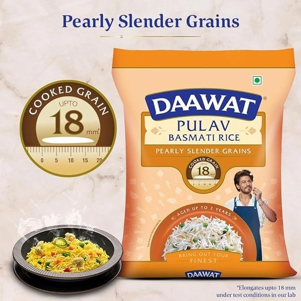 Daawat Pulav Basmati Rice 5Kg| Pearly slender Grains| Cooked Grain Upto 18mm*| Long & Fluffy Pulav Rice