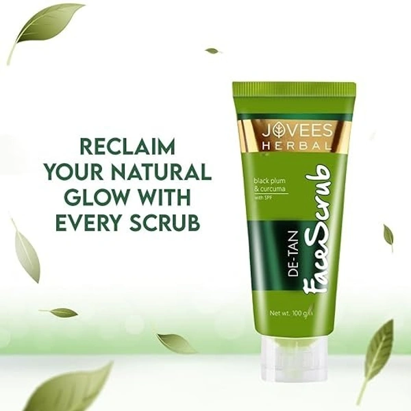 Jovees Herbal De-Tan Scrub With SPF For Brightening & Revitalizing Face Scrub | Remove Dead Skin | Gentle Exfoliation, Smooth and Clear Complexation With Turmeric & Aloe Vera | For All Skin Type- 100g