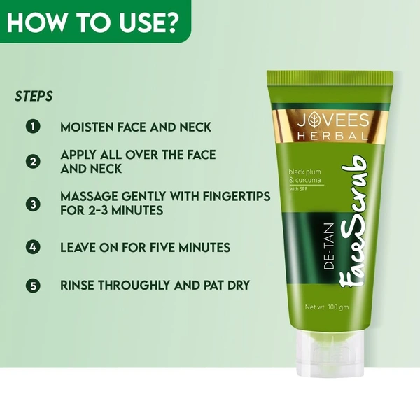 Jovees Herbal De-Tan Scrub With SPF For Brightening & Revitalizing Face Scrub | Remove Dead Skin | Gentle Exfoliation, Smooth and Clear Complexation With Turmeric & Aloe Vera | For All Skin Type- 100g