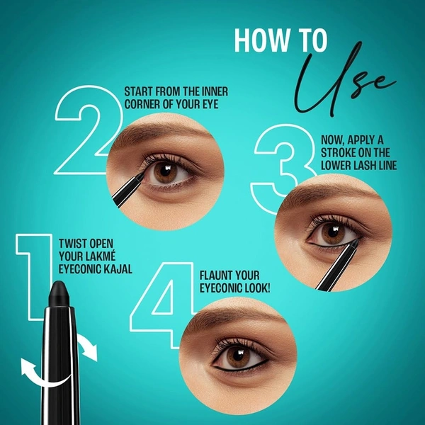 Lakme Eyeconic Black Kajal, Twist Up Pencil - Waterproof, Smudge Proof & Long Lasting - 0.7, Black