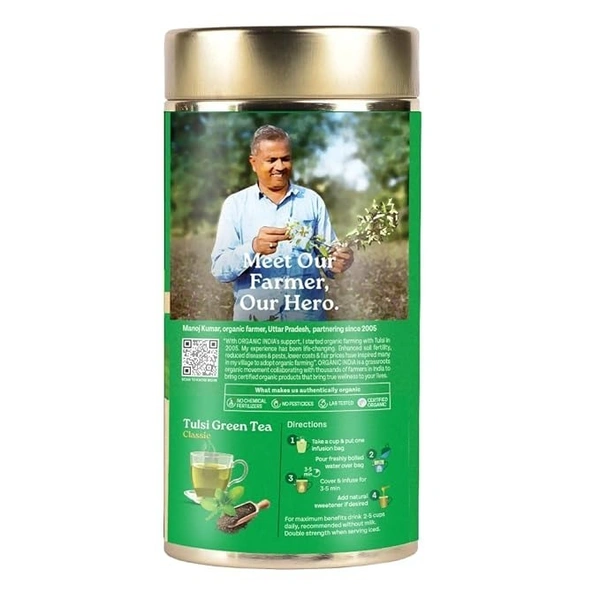 A TATA Product - Organic India Tulsi Green Tea Classic Loose Leaves - 100g, Stress Relieving, Uplifts Mood, Rich in Antioxidants, Blend of Rama, Krishna & Vana Tulsi, Certified Organic