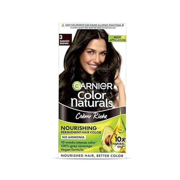 Garnier, Hair Colouring Creme, Long-lasting Colour, Smoothness & Shine, Color Naturals 70ml + 60g with Vitamin C Face Serum 7ml worth 129INR - Offer Pack (Shade 3 Darkest Brown) - 70ml+60g