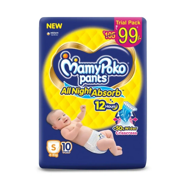 MamyPoko Pants All Night Absorb Baby Diapers, Small (S), 10 Count 4-8 kg