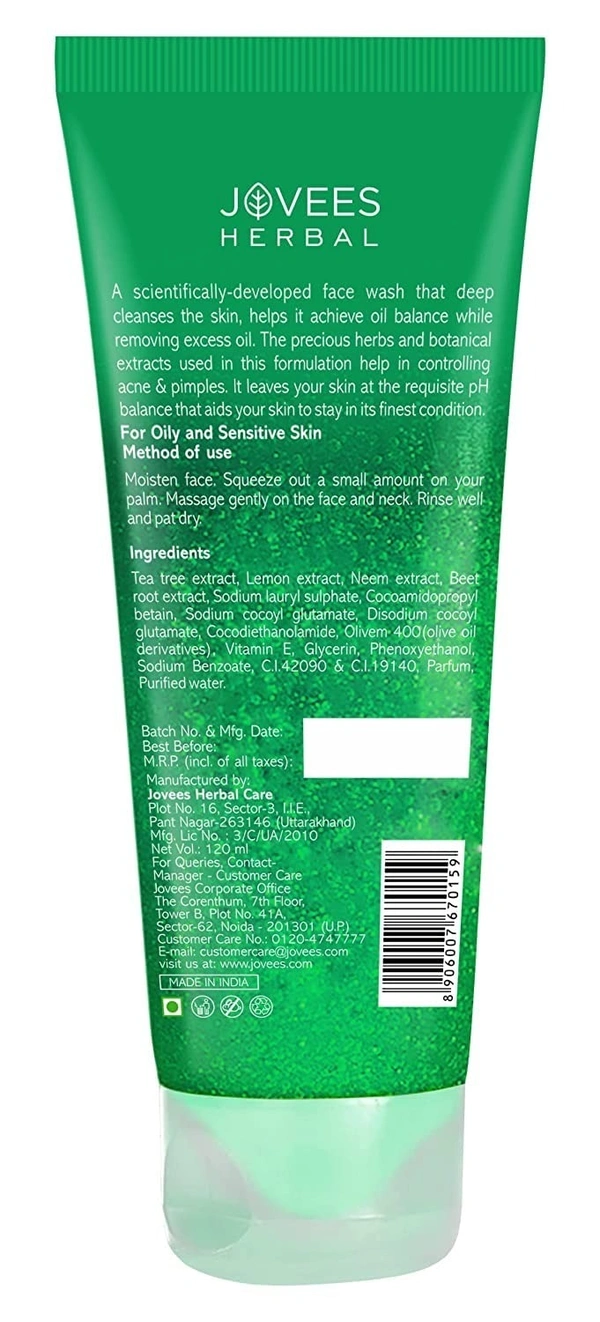 Jovees Herbal Tea Tree Oil Control Face Wash for Oily & Sensitive Skin | Paraben & Alcohol-Free, Controls Oil, Prevents Breakouts, Remove Dead Skin | Gentle Cleanser For All Skin Types - 120ml 8906007670159